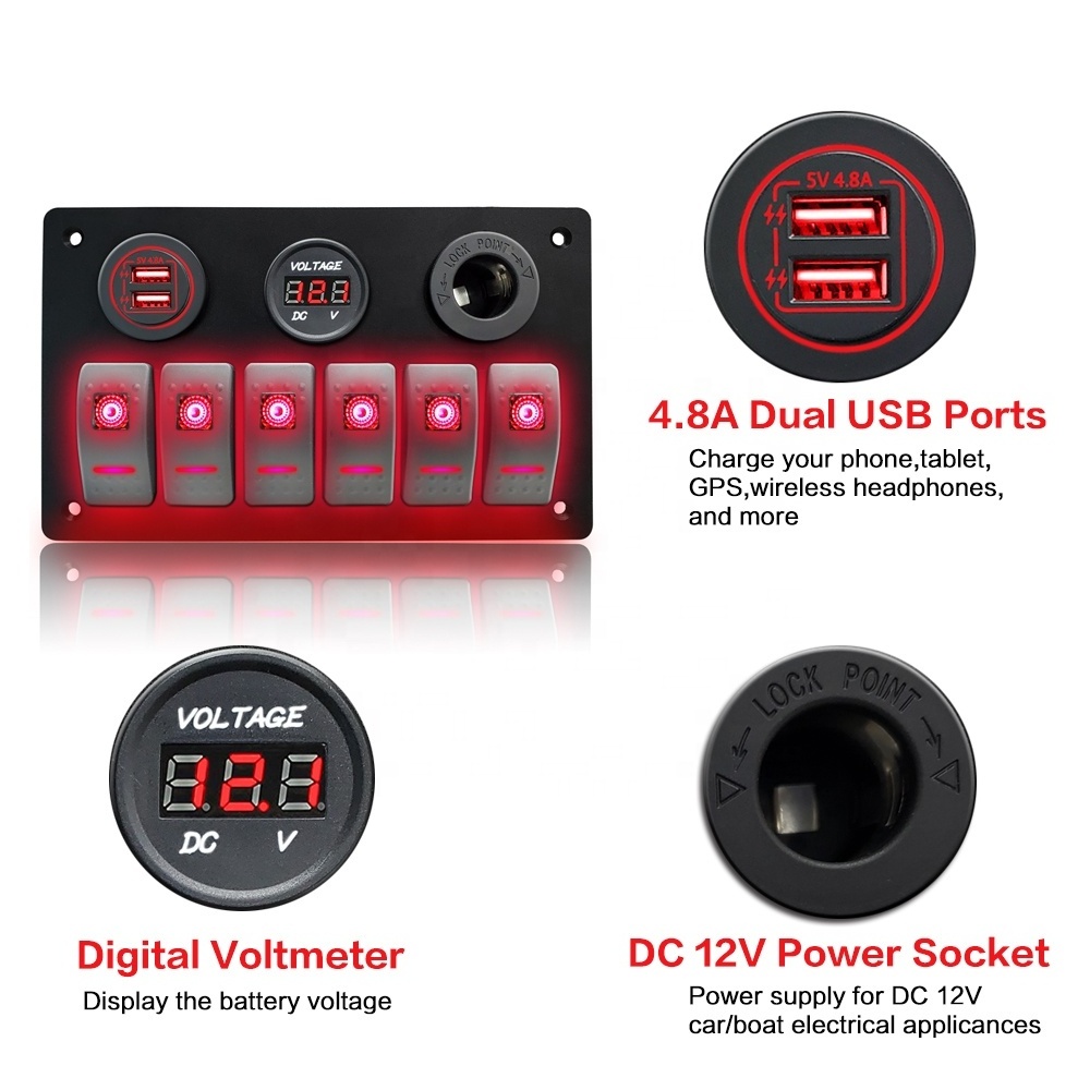 Amomd 6 Gang Waterproof LED Car Boat Switch Panel Rocker Switches with Power Socket On-Off Function 12V 20A Maximum Current