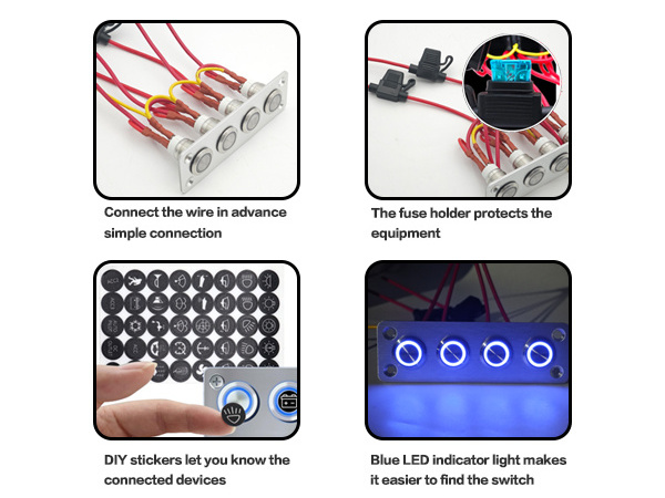 DC 12V 16A Waterproof 4 Gang Aluminum LED Push Button Switch Panel Red Button with CE Certification for Marine RV Boat