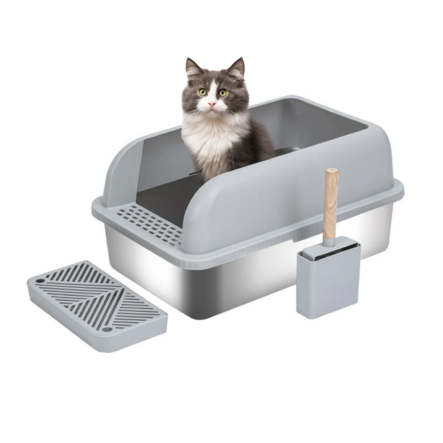 20L capacity easy clean stainless steel cat litter basin box with scoop for cat dog pets