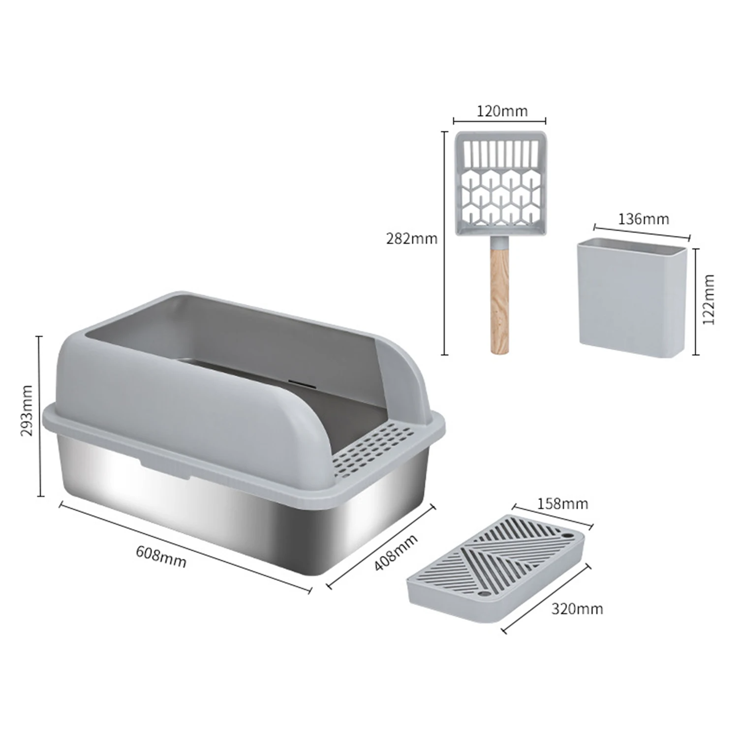 20L capacity easy clean stainless steel cat litter basin box with scoop for cat dog pets