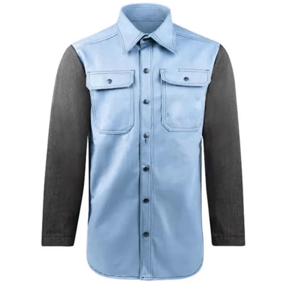 New Design Blue Fabric Snap Buttons Flame Resistant 100% Cotton FR Shirt Welding Suits For Industrial Welders All Sizes