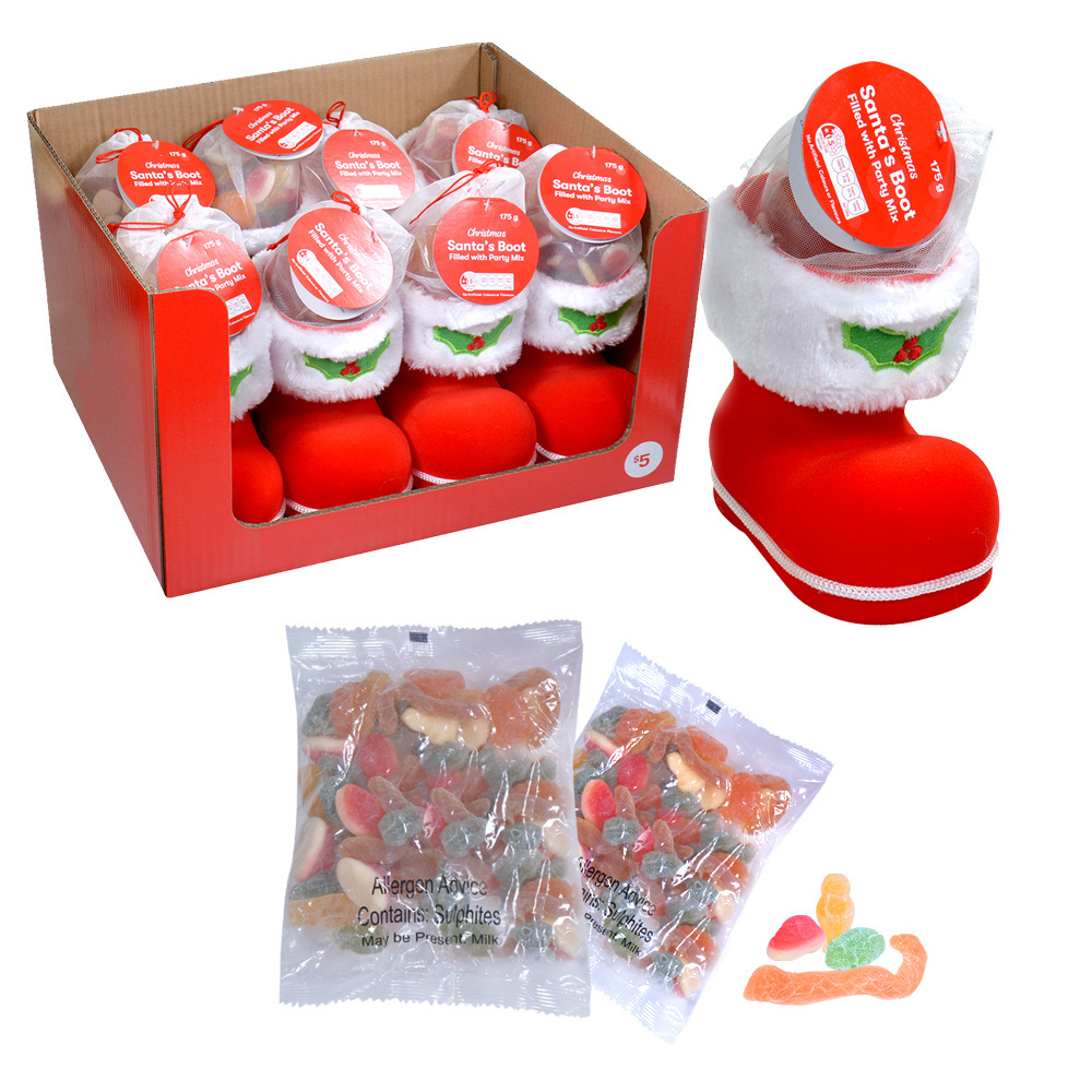 Oem Fruit Sweet Decorative Red Botas Navideas Christmas Boots Gift Packing Gummy Candy For Christmas