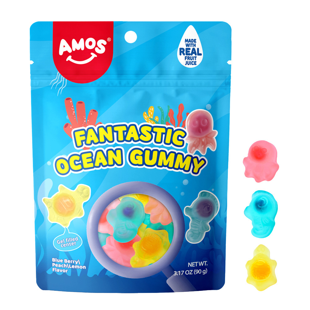 Amos OEM Halal Sweets and Candies Ocean Chews Gummy Fruit Flavored Juicy Filled Jelly Gummy Candy