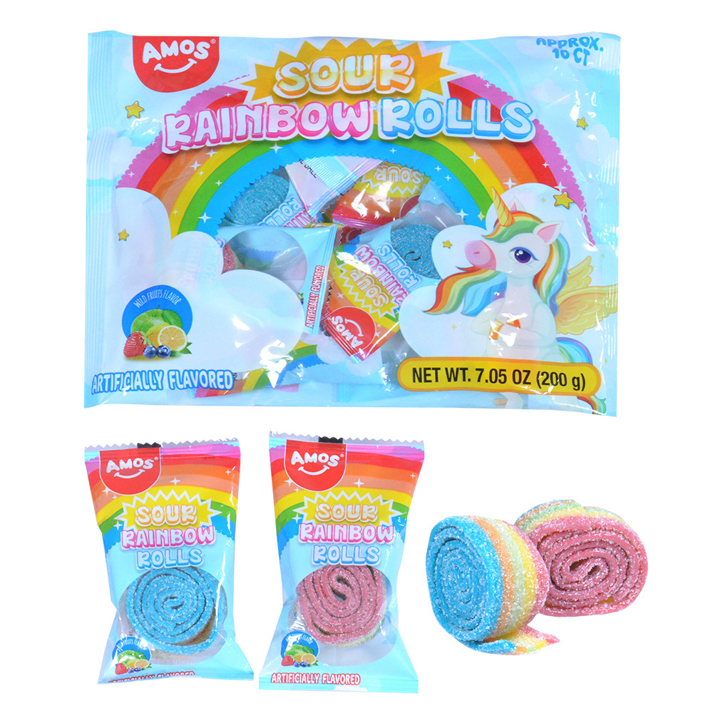 Amos Fruit Flavor Sour Strip Chewing Fruit Flavor Sour Rainbow Rolls Gummy Candy