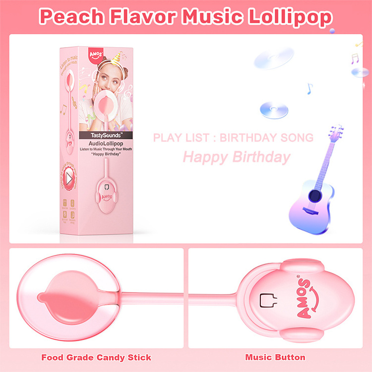 Amos Sweets Candy Toys Tasty Sounds Audio Fun Candy Toy Custom Music Bone Conduction Lollipop Toy With Candy Peach Flavor