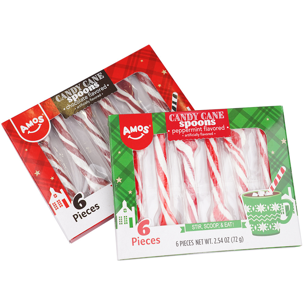 Amos Christmas Candy Cane Spoons Chocolate Flavored Peppermint Flavored Hard Candy