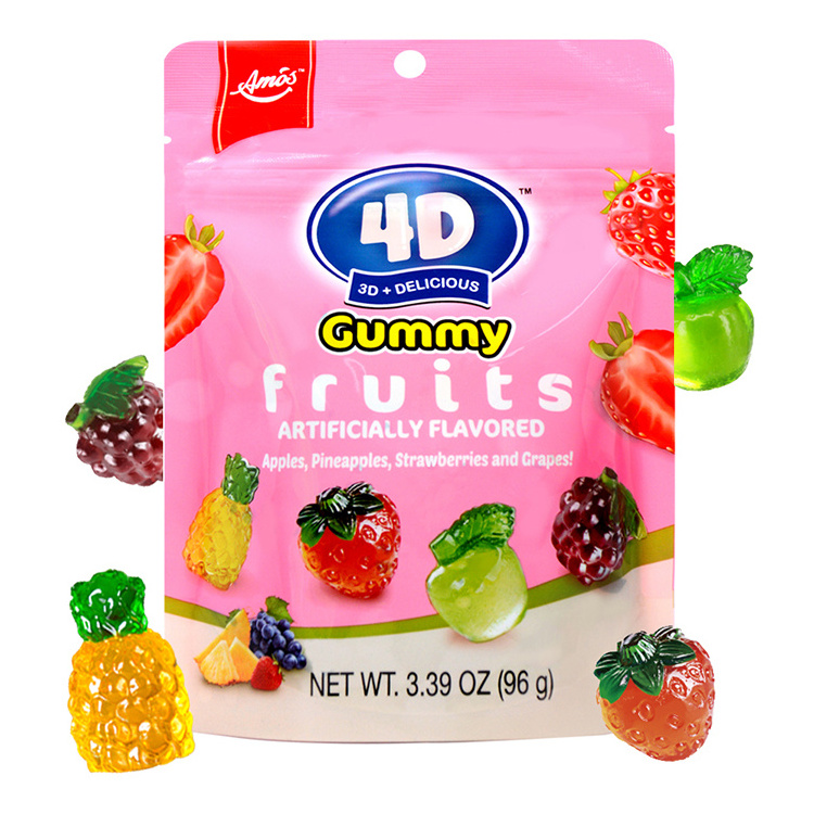 Wholesale AMOS 4D sweets fruit shape pectin gummy gandy 3D shaped gummy fruit mixed confectionery