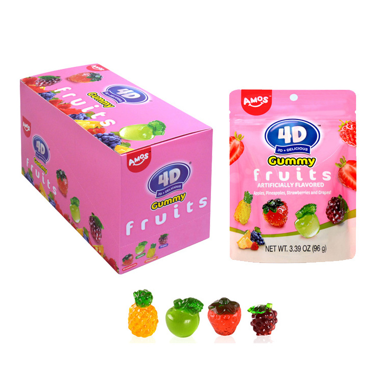 Wholesale AMOS 4D sweets fruit shape pectin gummy gandy 3D shaped gummy fruit mixed confectionery