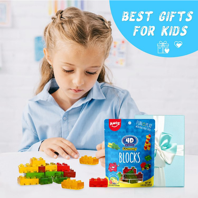 Amos 4D Building Block Gummies Jelly Sweet Natural/Artificial Flavors Real Fruit Juice Halal Gummy Candy