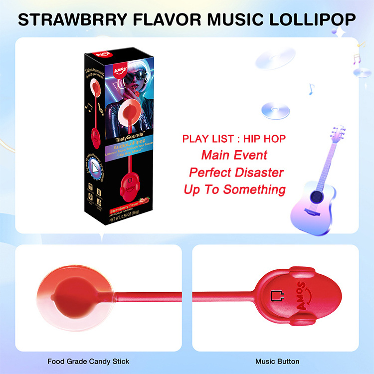 Amos Sweets Candy Toys Tasty Sounds Audio Fun Candy Toy Custom Music Bone Conduction Lollipop Toy With Candy Peach Flavor