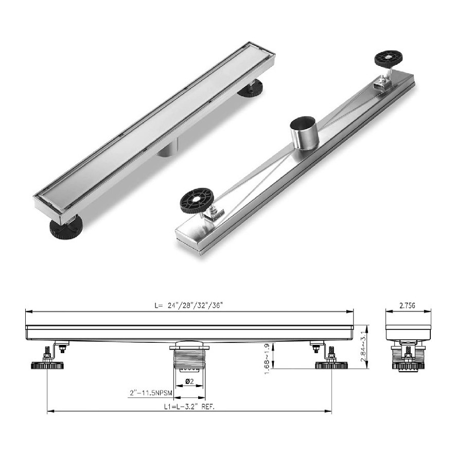 24 Inch 2 in 1 Tile Shower Drain-304 Stainless Steel Linear Drain with Tile Insert Grate-Adjustable Feet-Hair Filter