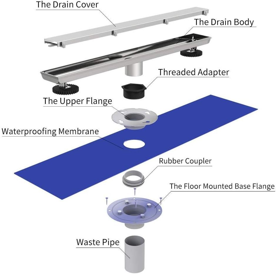 24 Inch 2 in 1 Tile Shower Drain-304 Stainless Steel Linear Drain with Tile Insert Grate-Adjustable Feet-Hair Filter