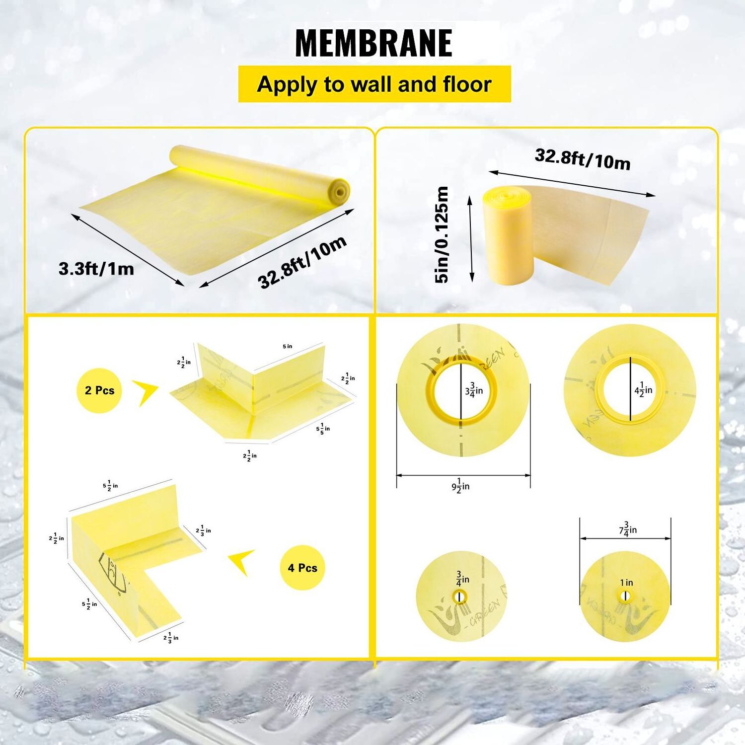 EPS Shower Pan Kit Ready to Tile 36x60inch Cut-to Fit with Linear Drain Membrane Pipe Seal Curb for Bathroom Uni-Green