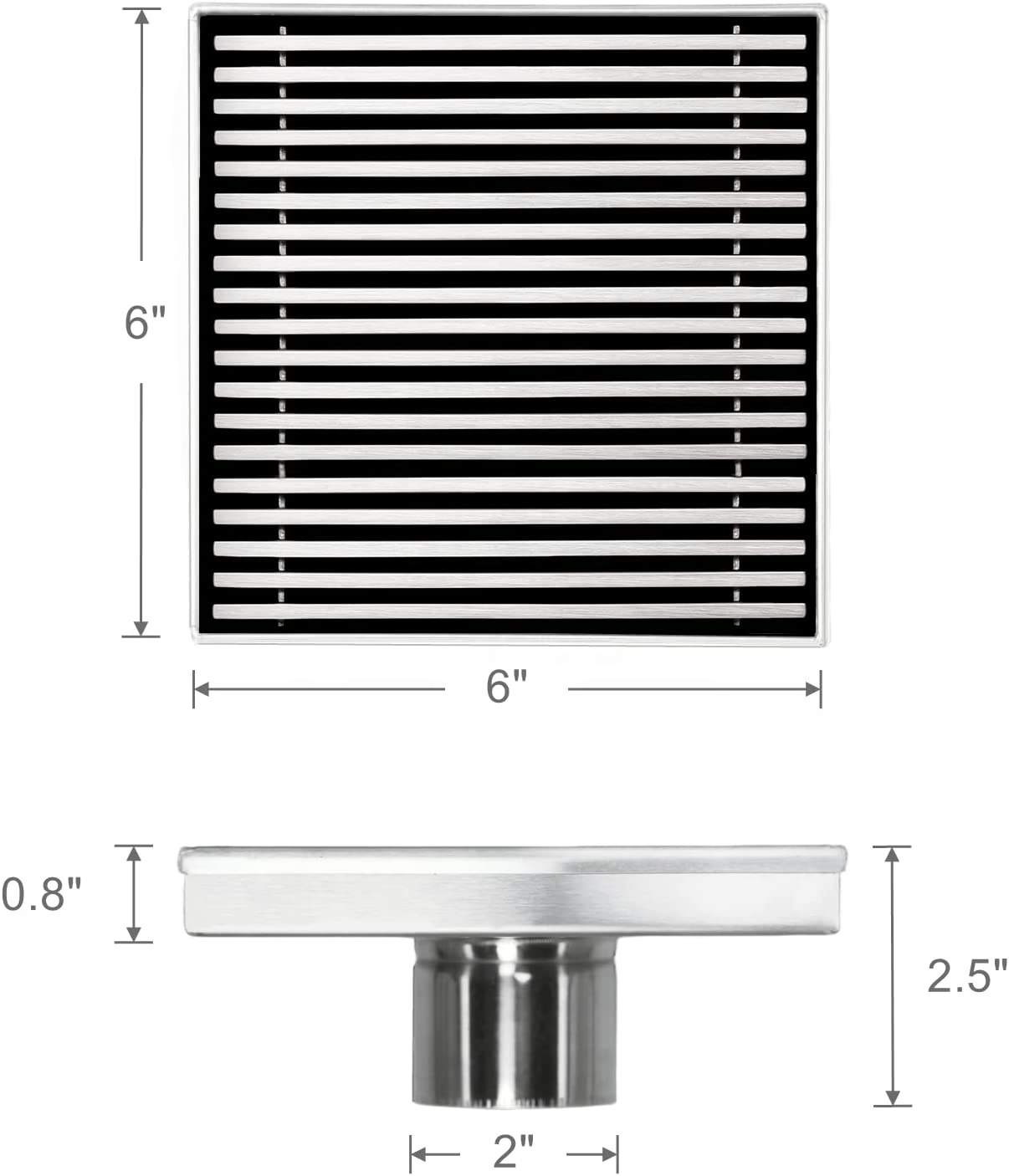 6 Inch Brushed Nickel Square Shower Drain with Removable Wedge Wire Grate and hair trap for bathroom