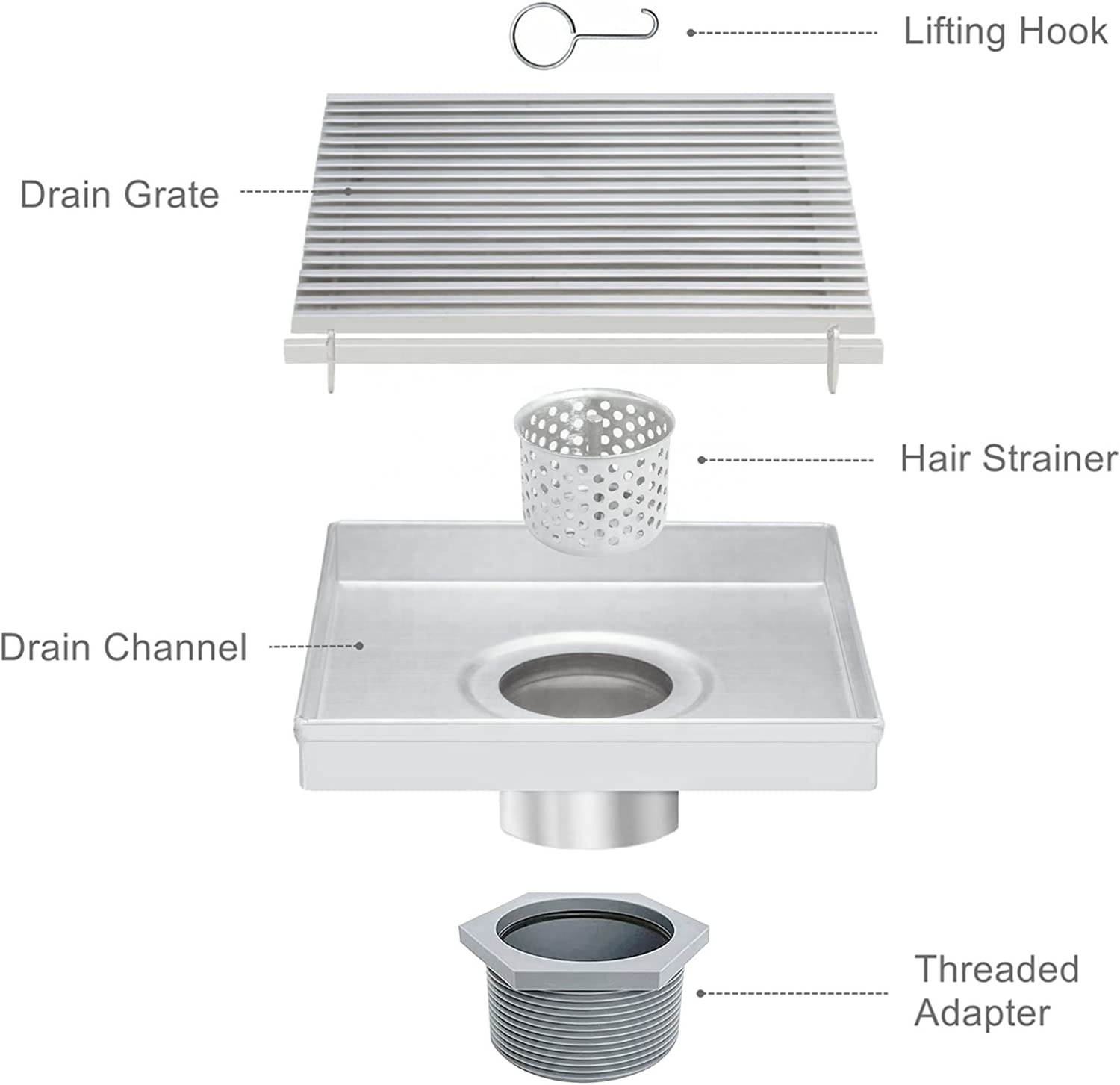 6 Inch Brushed Nickel Square Shower Drain with Removable Wedge Wire Grate and hair trap for bathroom