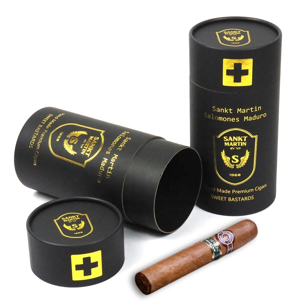 New arrival black and gold paper tube cigar humidor packaging  custom  print 10 cigars tube case for sale