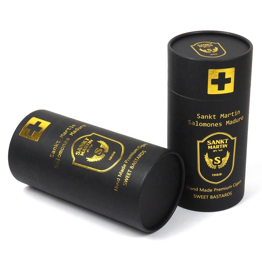 New arrival black and gold paper tube cigar humidor packaging  custom  print 10 cigars tube case for sale