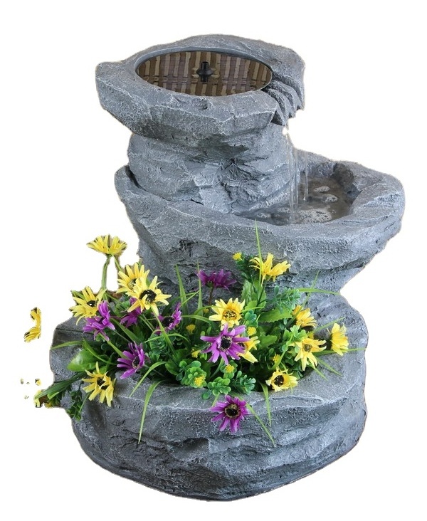 Solar Power Water Fountain Feature With Led Light Flower Planter