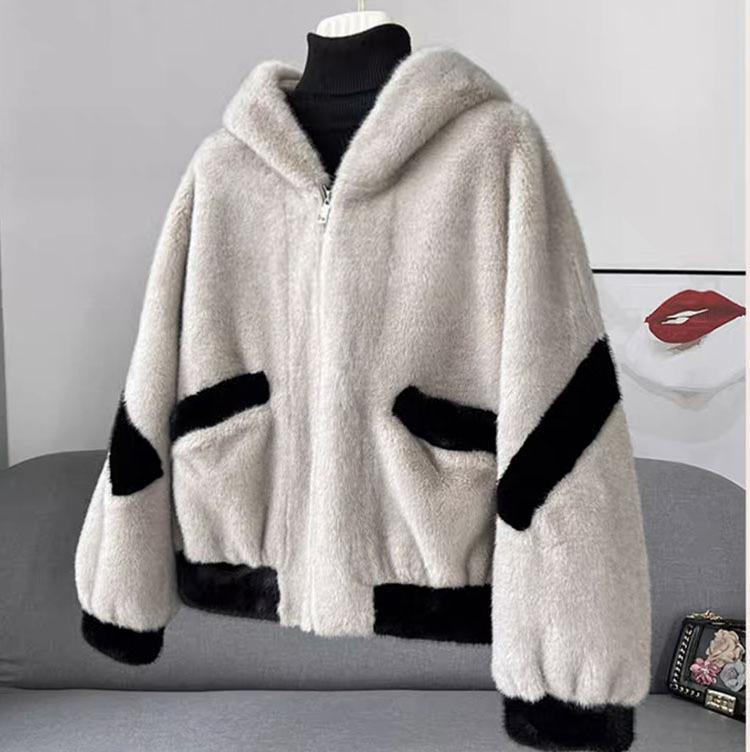 Hooded short women's fur jacket, synthetic fur velvet trimmed mink imitation fur coat, winter warmth new custom plus size