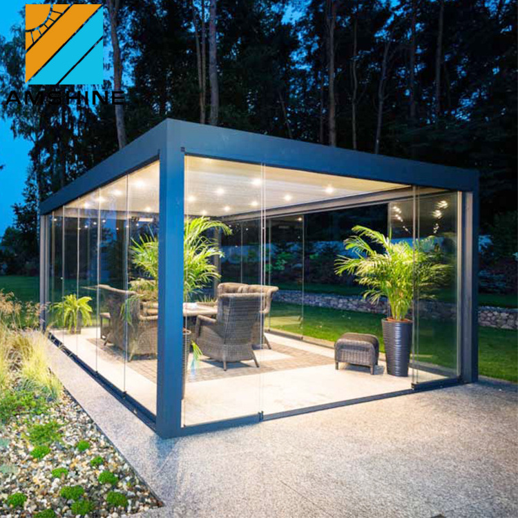 Aluminum louver roof pergolas and gazebos outdoor with glass sliding doors and LED light