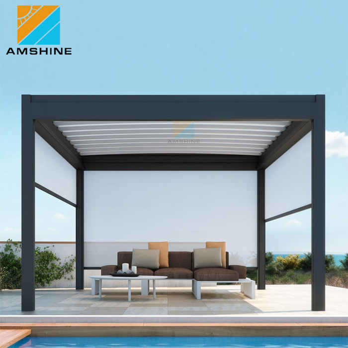 Outdoor louver roof sun shade patio cover motorized metal pavilion garden pergola gazebo tent with curtain