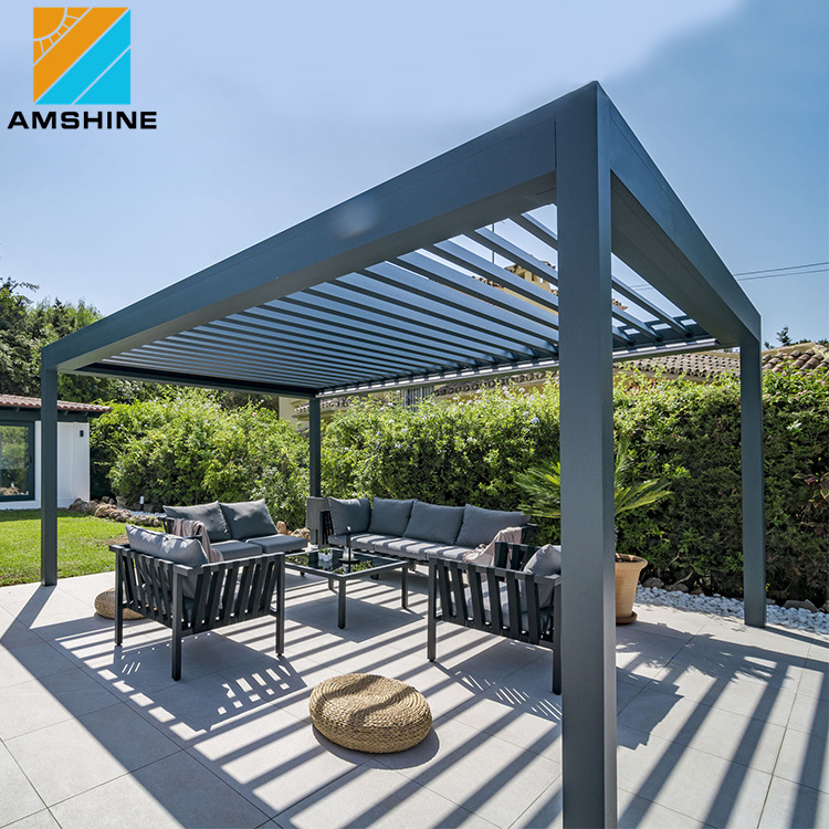 Modern Design Motorized Waterproof Garden Balcony Louvered Roof Covering Pergola Gazebo with Curtain