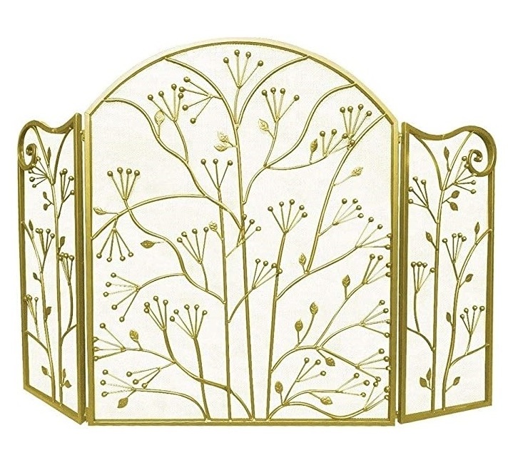 Wrought Iron Fireplace Screen with Mesh Gold Leaf Design Fire Guard Screens for Firewood Burning Fireplace and Stove