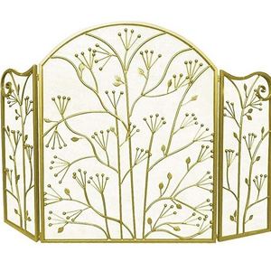 Wrought Iron Fireplace Screen with Mesh Gold Leaf Design Fire Guard Screens for Firewood Burning Fireplace and Stove