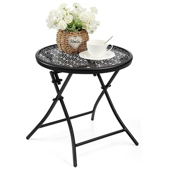 Patio Dining Table Round Cast Aluminium Outdoor Indoor Bistro Table with Umbrella Hole Black Garden Table for Decor