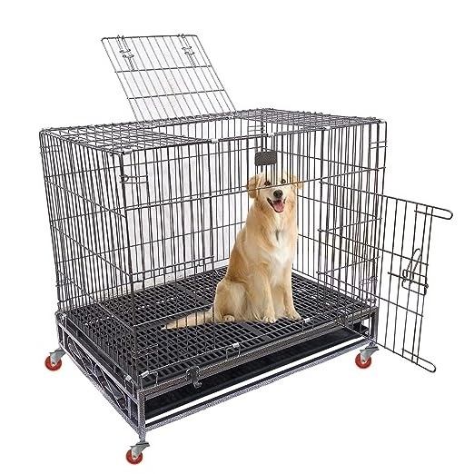 Solid Metal Durable Collapsible Steel Black Metal Iron Crate Outdoor Small Middle Large Folding Pet Dog Cage with Wheels