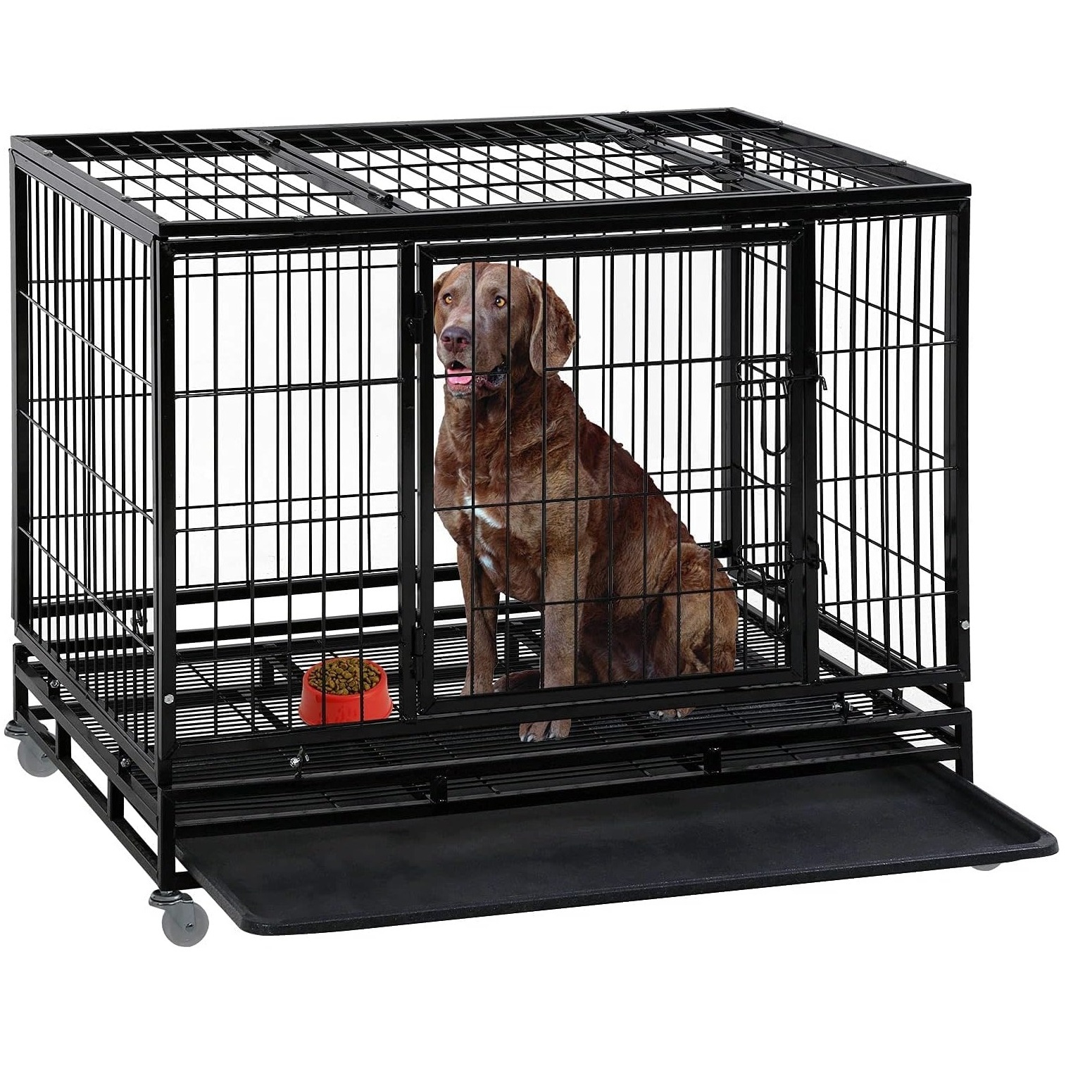 Solid Metal Durable Collapsible Steel Black Metal Iron Crate Outdoor Small Middle Large Folding Pet Dog Cage with Wheels