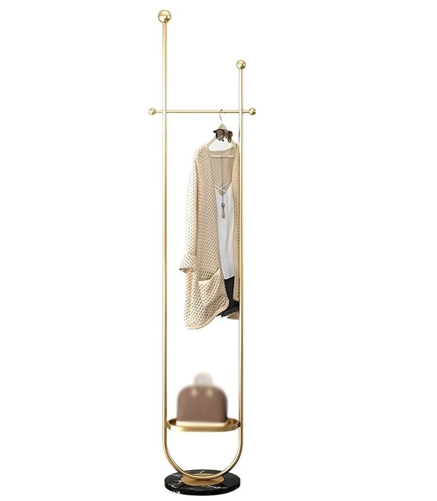 Gold Finished Coat Hanger Floor Coat Stand Metal Clothes Coat Rack Gold With Marble Base For Living Room And Bedroom