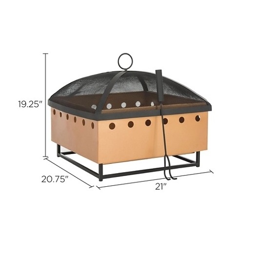 Square Shaped Iron Fire Pit Copper Plated Metal Hammered Fire Pit Barbecue Grill Outdoor Garden Fire Pit with Poker