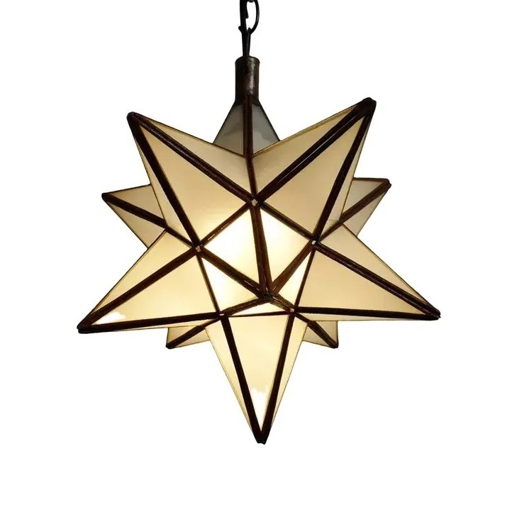 Antique Brass Star Glass Flush Mount Chandelier Decorative Ceiling Lighting Premium Quality Metal Glass Classic Design Lamp