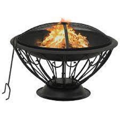 Black Coated Wood Burning Firepit BBQ Grill Steel Fire Bowl with Spark Screen Cover and Poker for Camping Beach Backyard