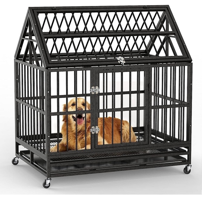 Small Adult Dog Heavy Duty Dog Crate Heavy Metal Large Handmade Dog Cage Indoor Outdoor Black Colour with Wheel