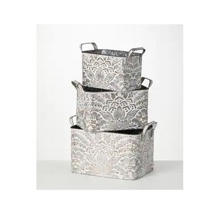 Metal Galvanized Planter Bin Flower Embossed Design Rectangular White Wash Finished Decorative Planter Tub