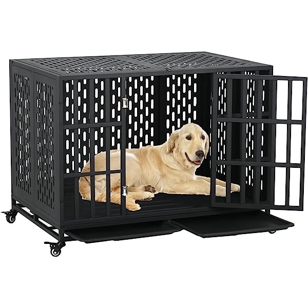 Metal Dog Kennel Indoor Hut Shape Heavy Duty Dog Crate for Medium and Small Pets Cage with Trays and Lock Front Open