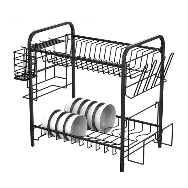 Iron Dish Rack 2 Tier Dish Drying Rack Kitchen Shelf Drainer Organizer with Utensils Metal Iron Wire Handmade Drainer Rack