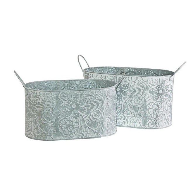 Metal Galvanized Planter Bin Flower Embossed Design Rectangular White Wash Finished Decorative Planter Tub