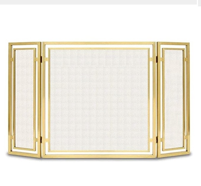 Wrought Iron Fireplace Screen with Mesh Gold Leaf Design Fire Guard Screens for Firewood Burning Fireplace and Stove