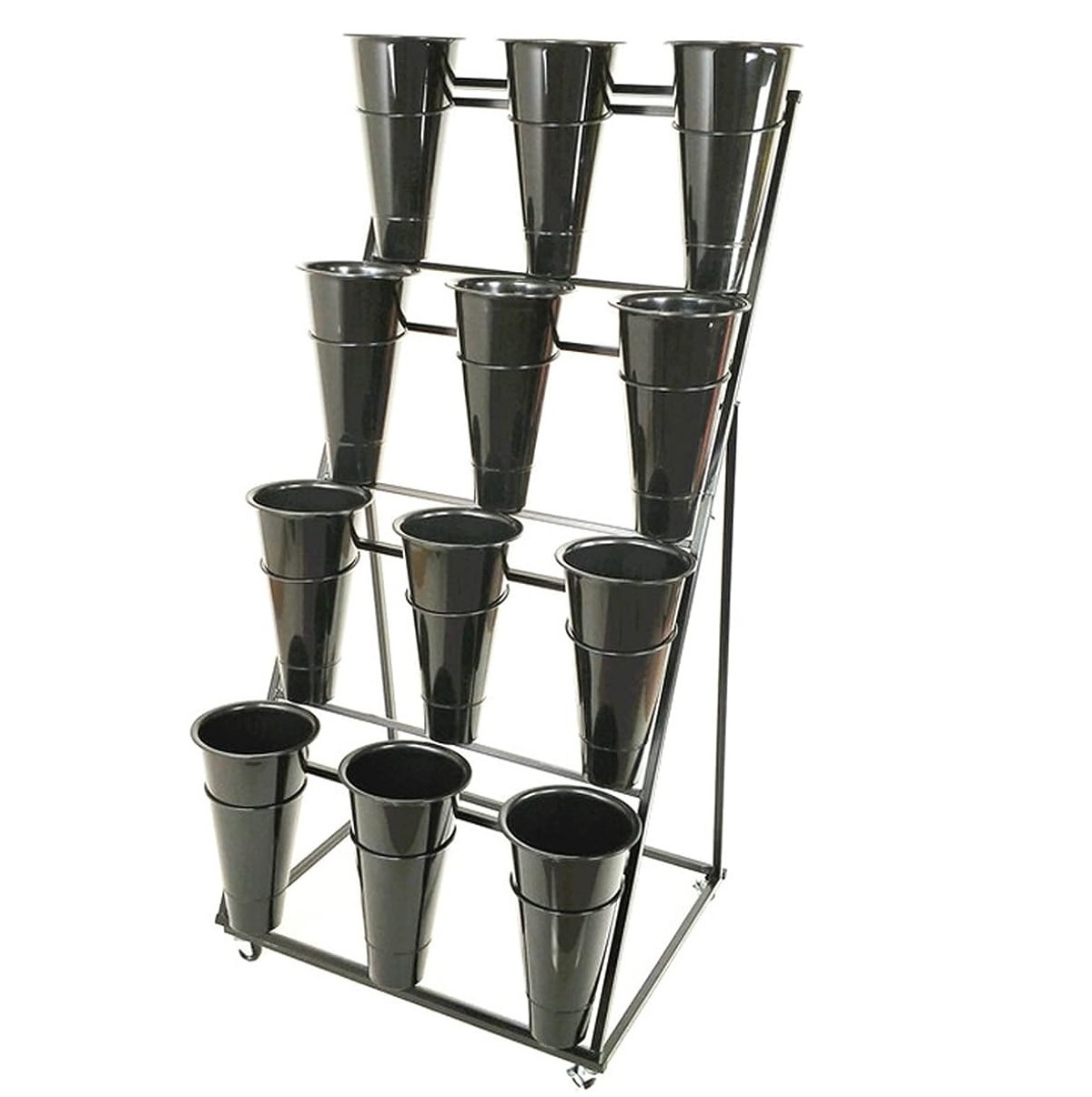 Metal Flower Display Stand with 16 Flower Buckets 4 Tier Plant Stand with 4 Wheels Cart for Indoor Outdoor Planter with Stand