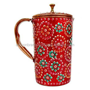 Copper Pitcher Wedding Gift Decorative Printed Design Metal Copper Pitcher with Lid Enamel Printed Water Jug