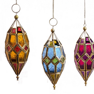 Multicolor Moroccan Style T Light Glass Lantern Pink Yellow Blue / Hanging Candle Holder Glass Panels in Metal Frame with Golden