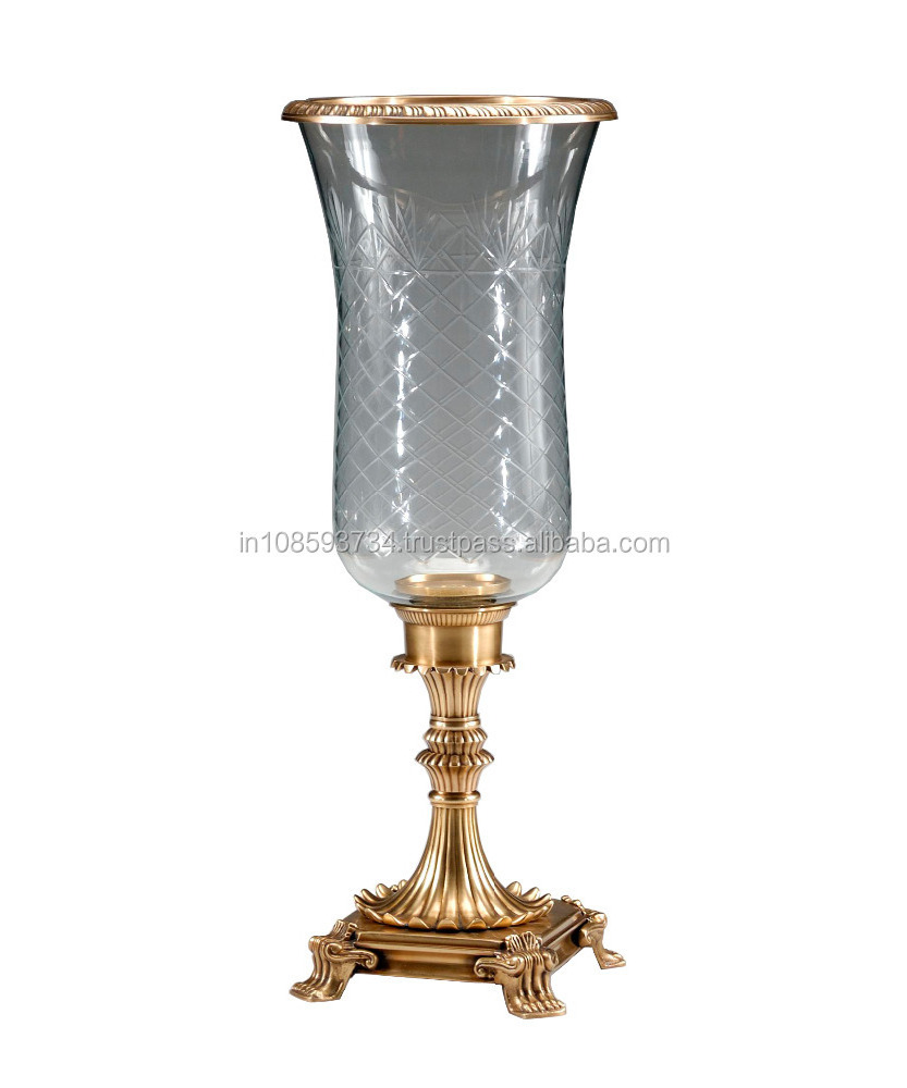 Antique Brass Metal Hurricane Candle Holder With Glass Embossed Design