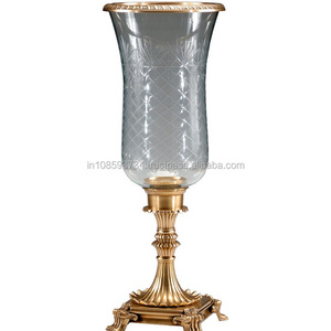 Antique Brass Metal Hurricane Candle Holder With Glass Embossed Design