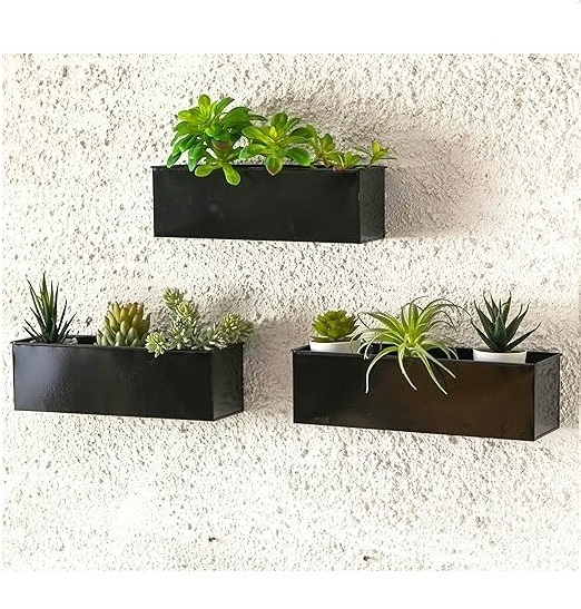 Large Wall Mount Planters for Succulents Black Wall Hanging Rectangle Metal Flower Pots Window Sill Planter Box