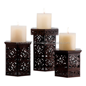 Candle Holder Metal Iron Perforated Decorative Bronze Finished Candle Holder Set of 3 Home Decoration