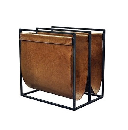 Free Standing Metal Camel Brown Leather Magazine Holder 2 Shelf Metal Magazine Rack Luxury Design File Documents Organizer