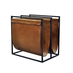 Free Standing Metal Camel Brown Leather Magazine Holder 2 Shelf Metal Magazine Rack Luxury Design File Documents Organizer